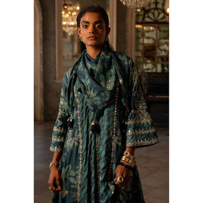 Paulmi & Harsh Women Teal Cotton Silk V-Neck Kurta with Palazzo and Dupatta