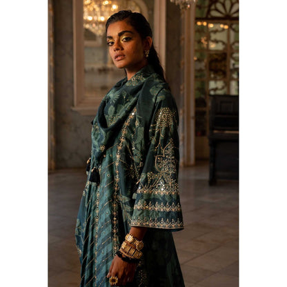 Paulmi & Harsh Women Teal Cotton Silk V-Neck Kurta with Palazzo and Dupatta