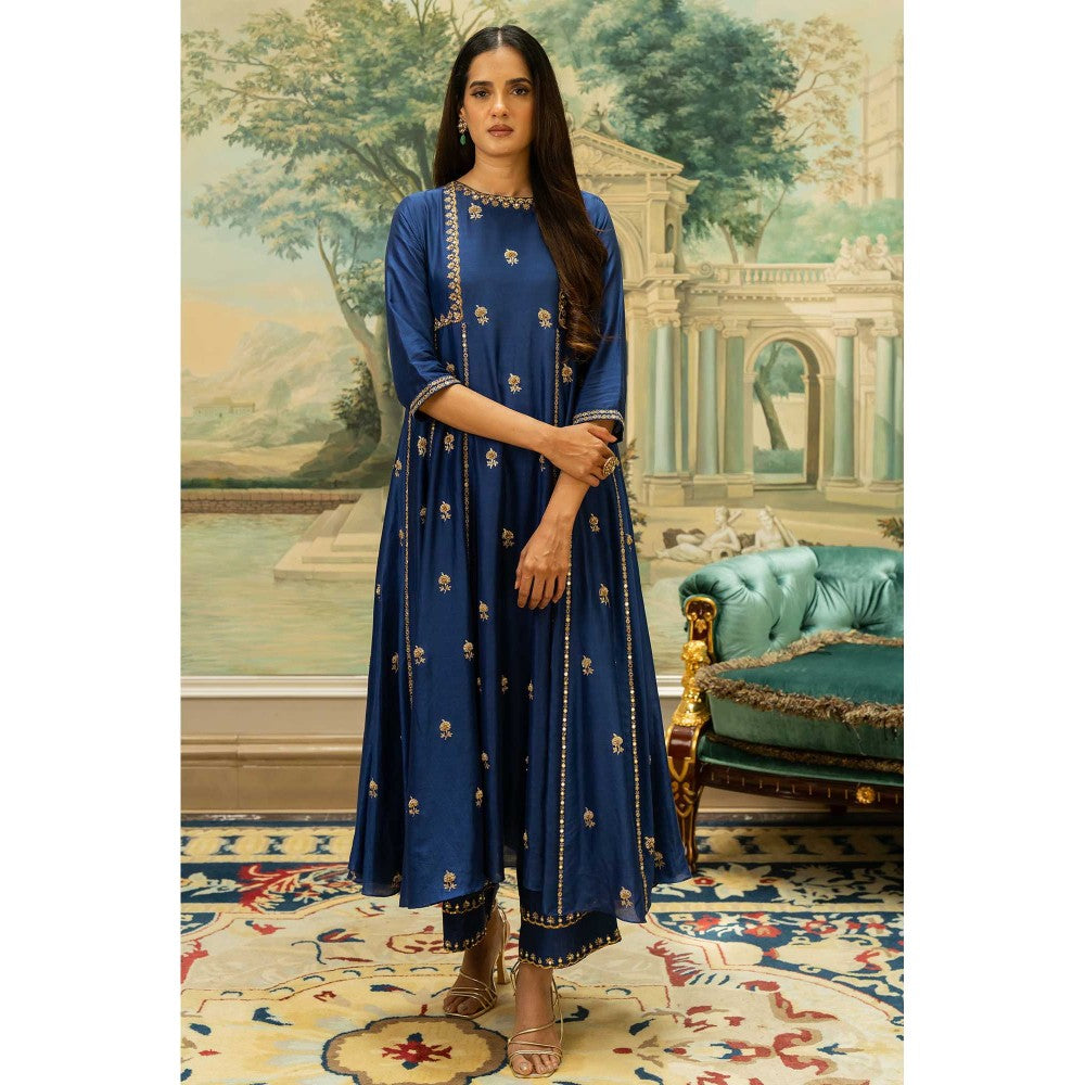 Paulmi & Harsh Women Navy Blue Chiniya Silk Round Neck Kurta with Pant