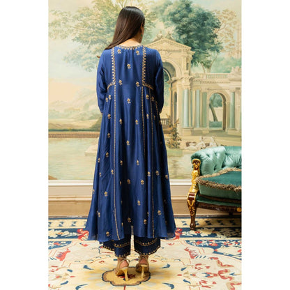 Paulmi & Harsh Women Navy Blue Chiniya Silk Round Neck Kurta with Pant