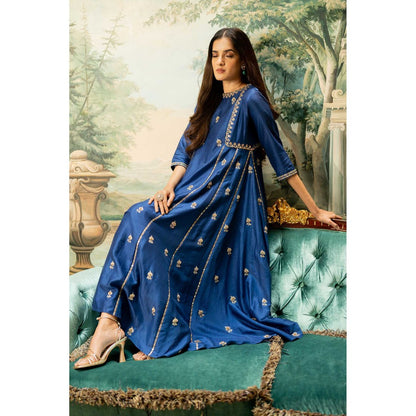 Paulmi & Harsh Women Navy Blue Chiniya Silk Round Neck Kurta with Pant