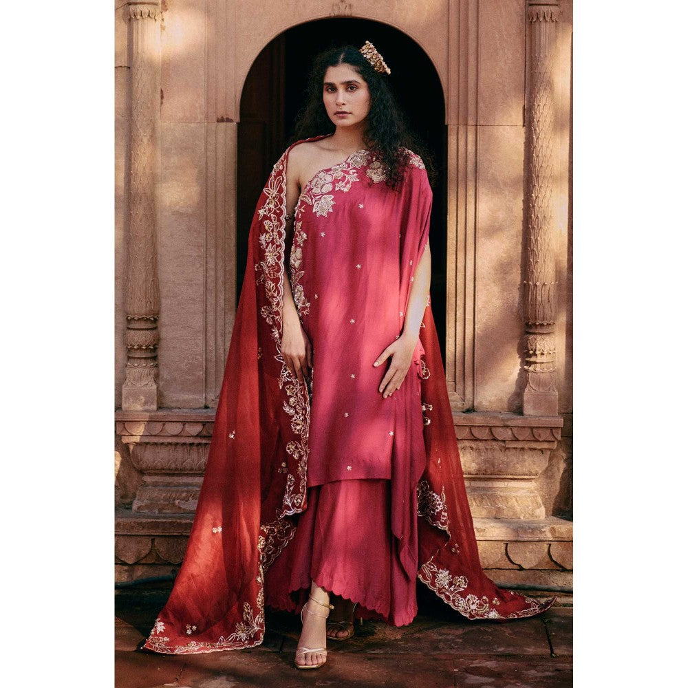 Paulmi & Harsh Women Maroon Silk One Shoulder Kurta with Palazzo