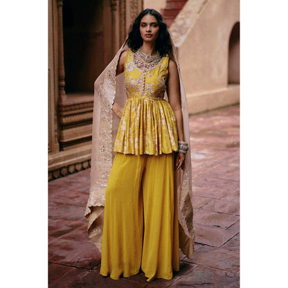 Paulmi & Harsh Women Yellow Chiniya Silk Round Neck Kurta with Palazzo