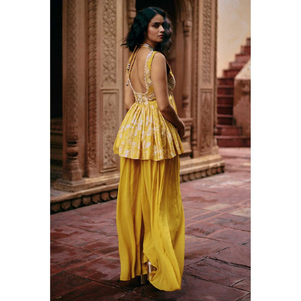 Paulmi & Harsh Women Yellow Chiniya Silk Round Neck Kurta with Palazzo