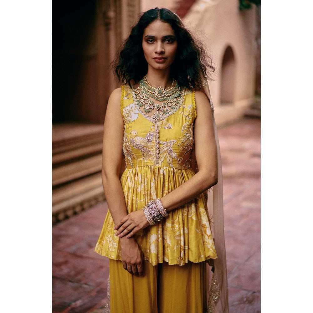 Paulmi & Harsh Women Yellow Chiniya Silk Round Neck Kurta with Palazzo