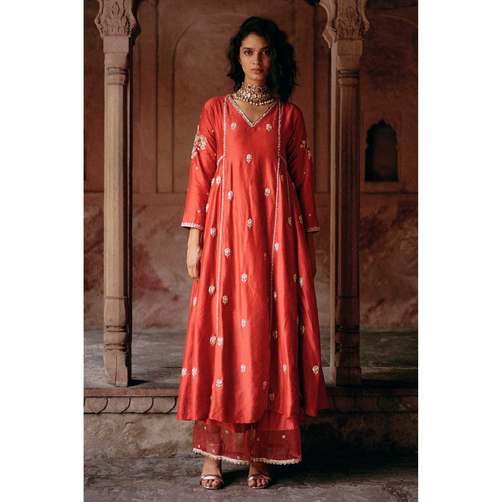 Paulmi & Harsh Women Red Chiniya Silk V-Neck Kurta with Pant