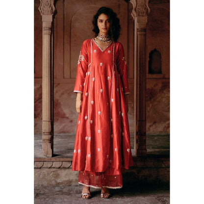 Paulmi & Harsh Women Red Chiniya Silk V-Neck Kurta with Pant