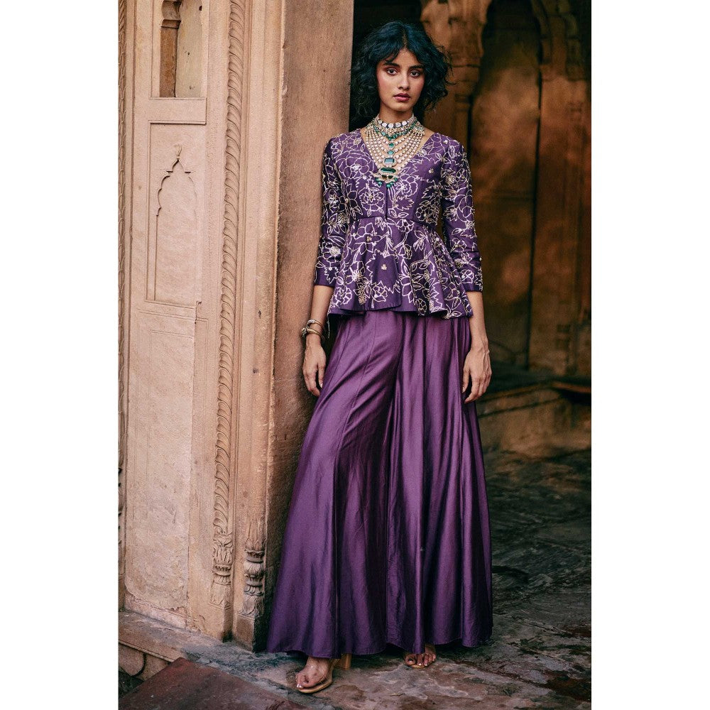 Paulmi & Harsh Women Purple Chiniya Silk V-Neck Kurta with Palazzo