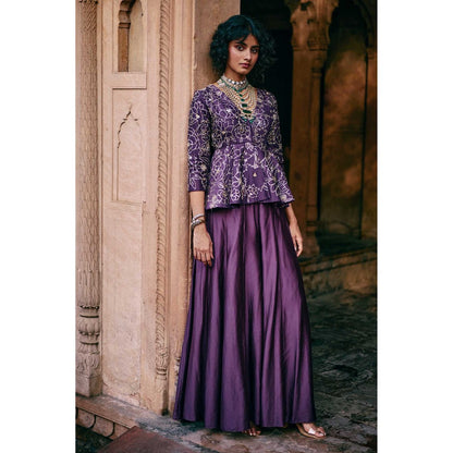 Paulmi & Harsh Women Purple Chiniya Silk V-Neck Kurta with Palazzo