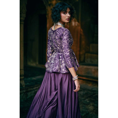Paulmi & Harsh Women Purple Chiniya Silk V-Neck Kurta with Palazzo