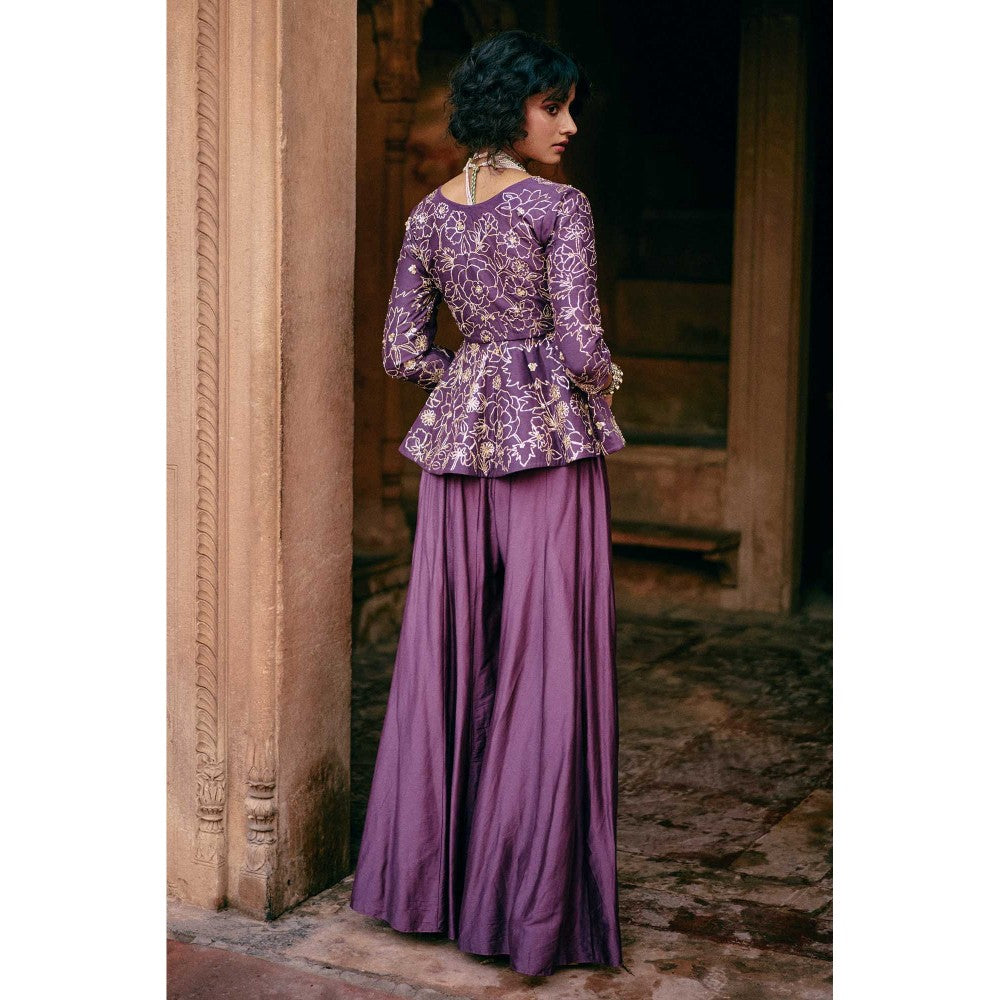 Paulmi & Harsh Women Purple Chiniya Silk V-Neck Kurta with Palazzo