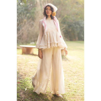 Paulmi & Harsh Women Ivory Chanderi Mandarin Neck Kurta with Palazzo