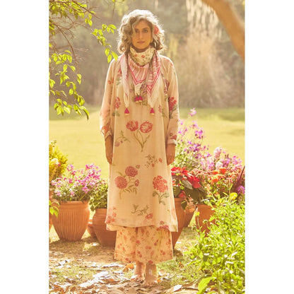 Paulmi & Harsh Women Beige Chanderi Round Neck Kurta with Palazzo and Scaff