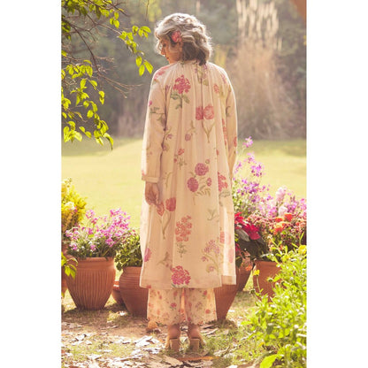 Paulmi & Harsh Women Beige Chanderi Round Neck Kurta with Palazzo and Scaff