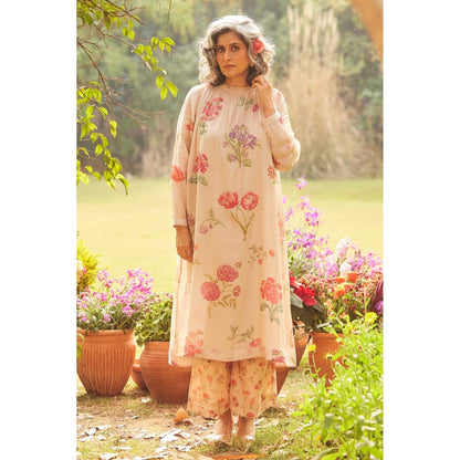 Paulmi & Harsh Women Beige Chanderi Round Neck Kurta with Palazzo and Scaff