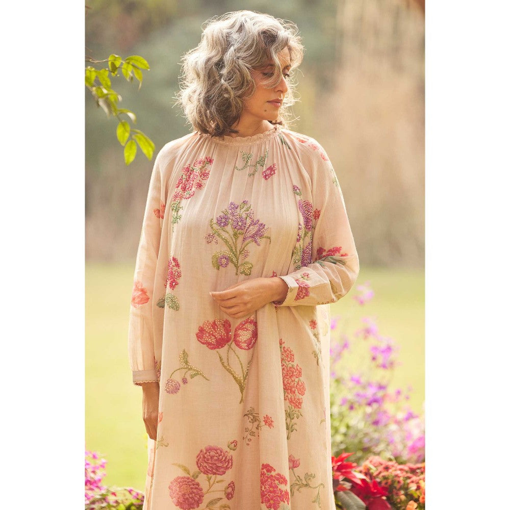 Paulmi & Harsh Women Beige Chanderi Round Neck Kurta with Palazzo and Scaff