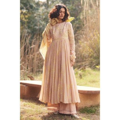 Paulmi & Harsh Women Pink Chanderi Round Neck Kurta with Pant and Dupatta