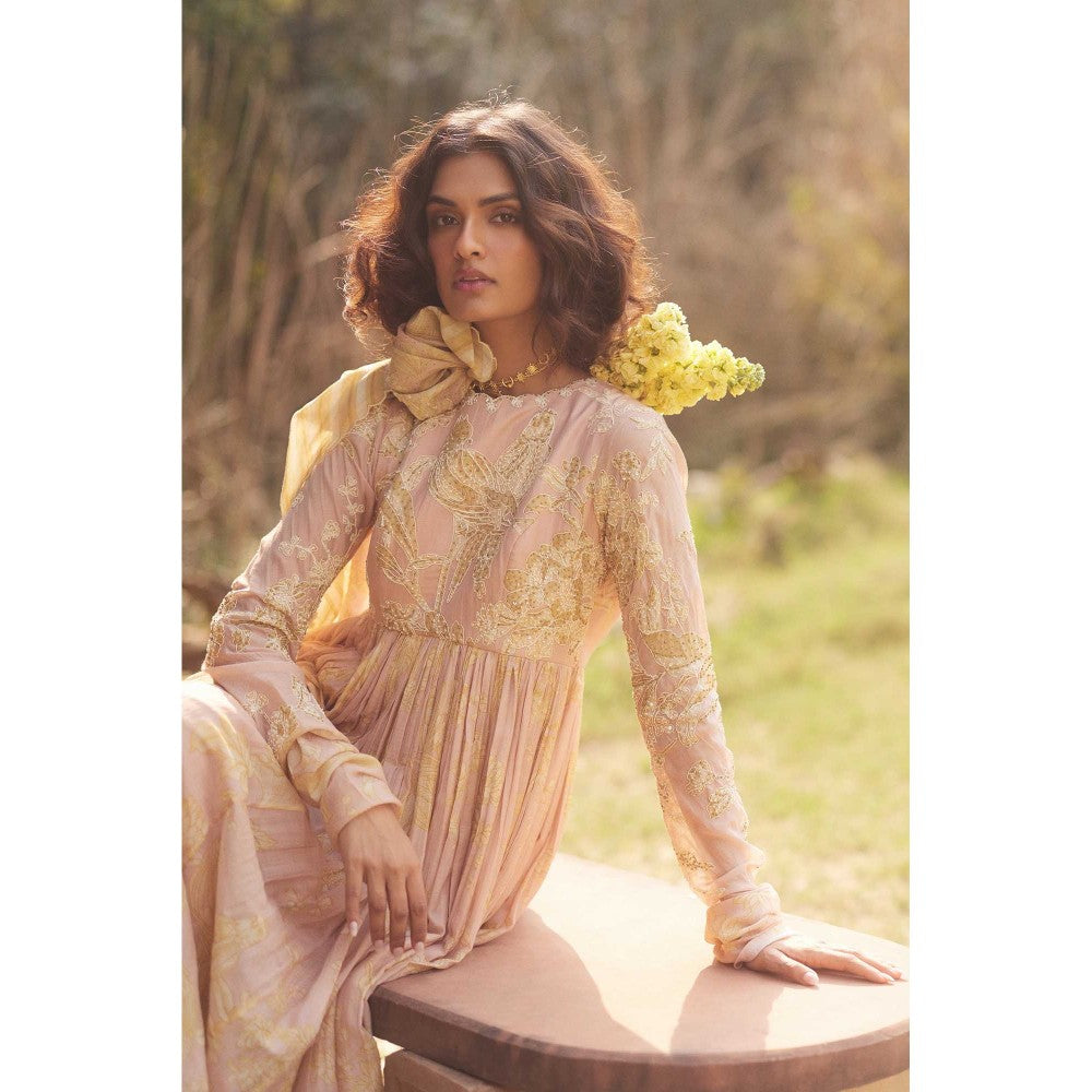 Paulmi & Harsh Women Pink Chanderi Round Neck Kurta with Pant and Dupatta