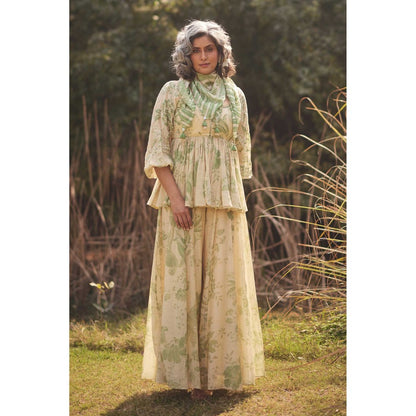 Paulmi & Harsh Women Green Chanderi Round Neck Kurta with Palazzo and Scaff