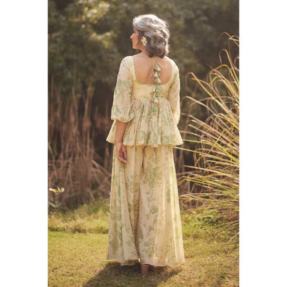 Paulmi & Harsh Women Green Chanderi Round Neck Kurta with Palazzo and Scaff
