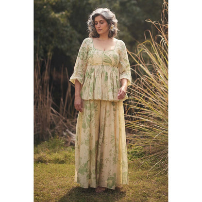 Paulmi & Harsh Women Green Chanderi Round Neck Kurta with Palazzo and Scaff
