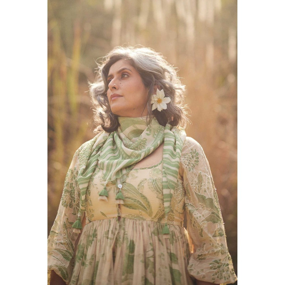 Paulmi & Harsh Women Green Chanderi Round Neck Kurta with Palazzo and Scaff