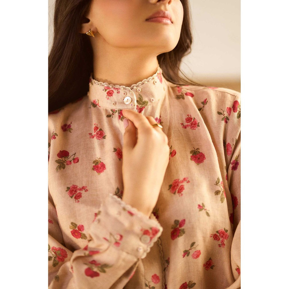 Paulmi & Harsh Women Cream Linen Mandarin Neck Kurta with Pant