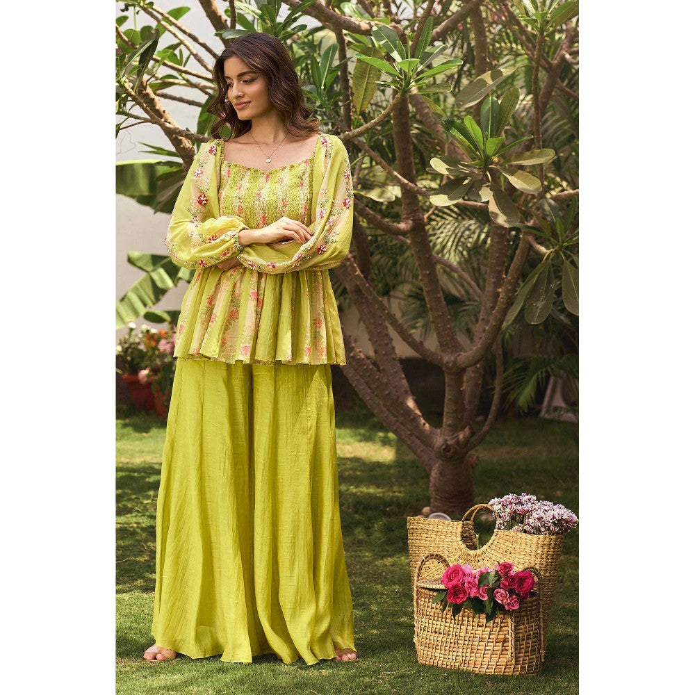Paulmi & Harsh Women Green Chanderi Square Neck Kurta with Palazzo and Scarf