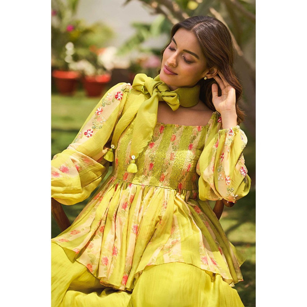 Paulmi & Harsh Women Green Chanderi Square Neck Kurta with Palazzo and Scarf