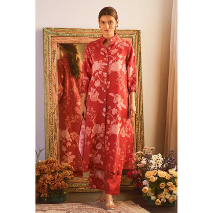 Paulmi & Harsh Women Red Linen Mandarin Neck Kurta with Pant