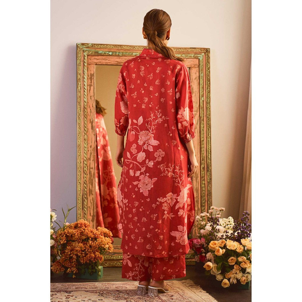 Paulmi & Harsh Women Red Linen Mandarin Neck Kurta with Pant