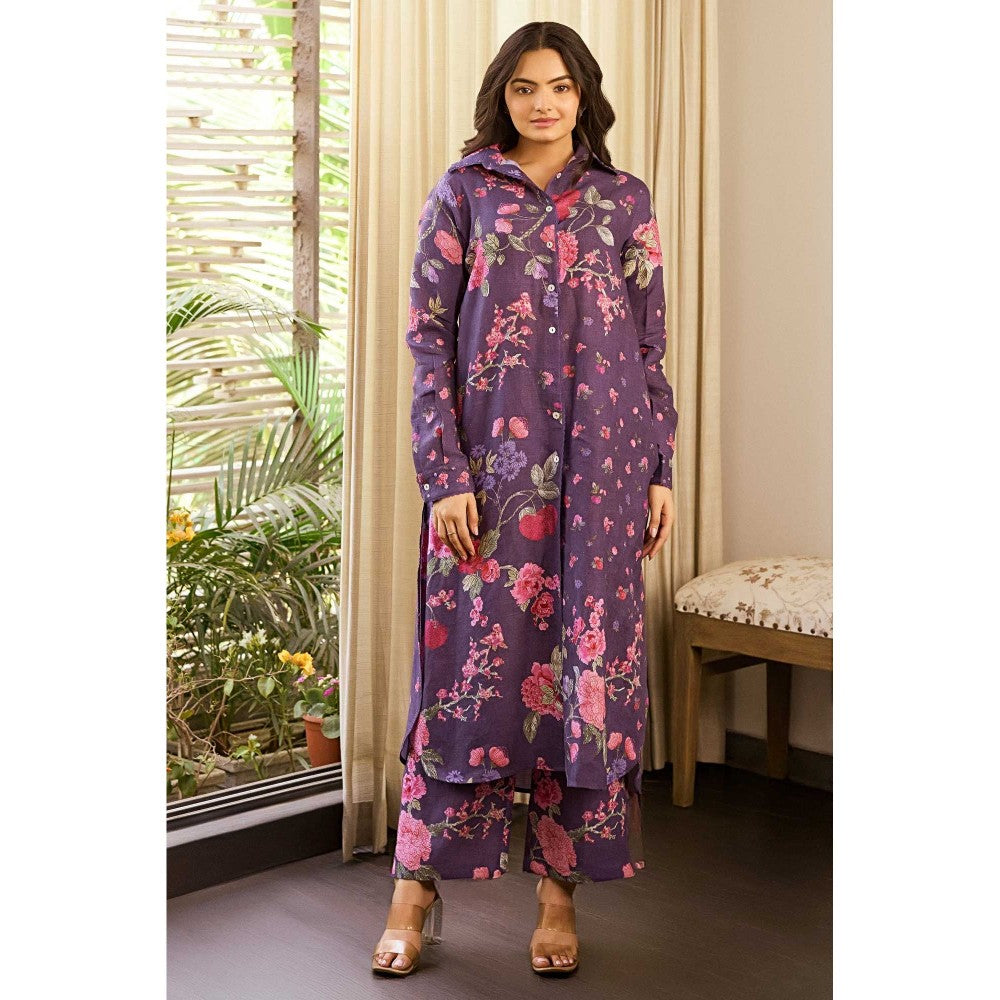 Paulmi & Harsh Women Purple Linen Collar Neck Kurta with Pant