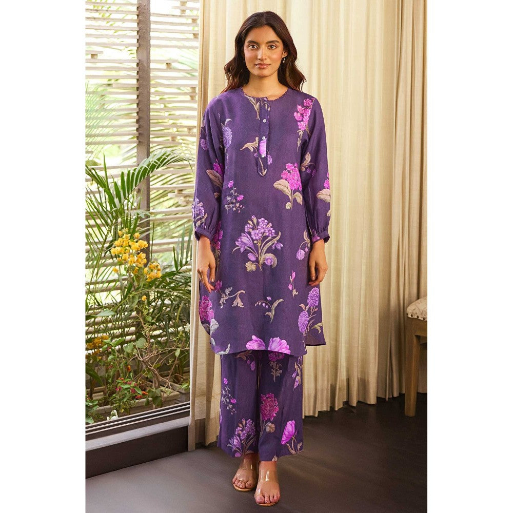 Paulmi & Harsh Women Purple Linen Round Neck Kurta with Pant