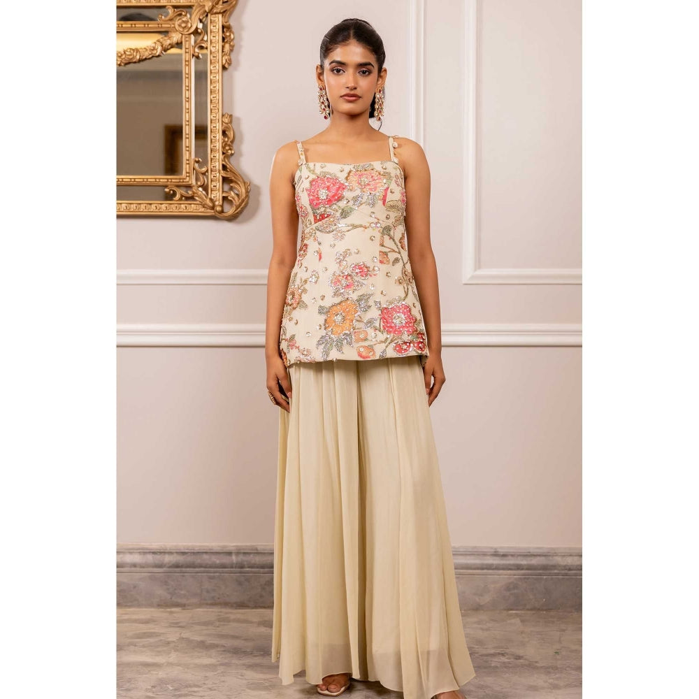 Paulmi & Harsh Women Off White Georgette Shoulder Straps Kurta with Palazzo