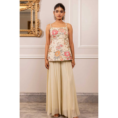 Paulmi & Harsh Women Off White Georgette Shoulder Straps Kurta with Palazzo