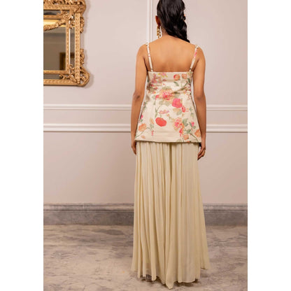 Paulmi & Harsh Women Off White Georgette Shoulder Straps Kurta with Palazzo
