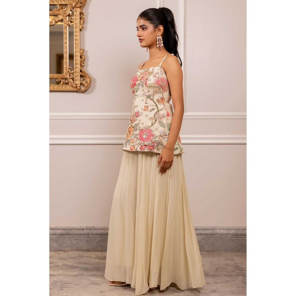 Paulmi & Harsh Women Off White Georgette Shoulder Straps Kurta with Palazzo