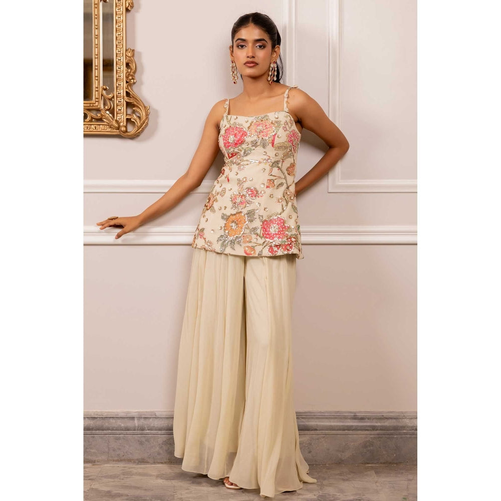 Paulmi & Harsh Women Off White Georgette Shoulder Straps Kurta with Palazzo