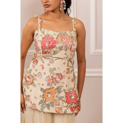 Paulmi & Harsh Women Off White Georgette Shoulder Straps Kurta with Palazzo