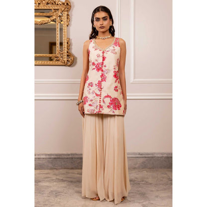 Paulmi & Harsh Women Off White Chiniya Silk V-Neck Kurta with Palazzo
