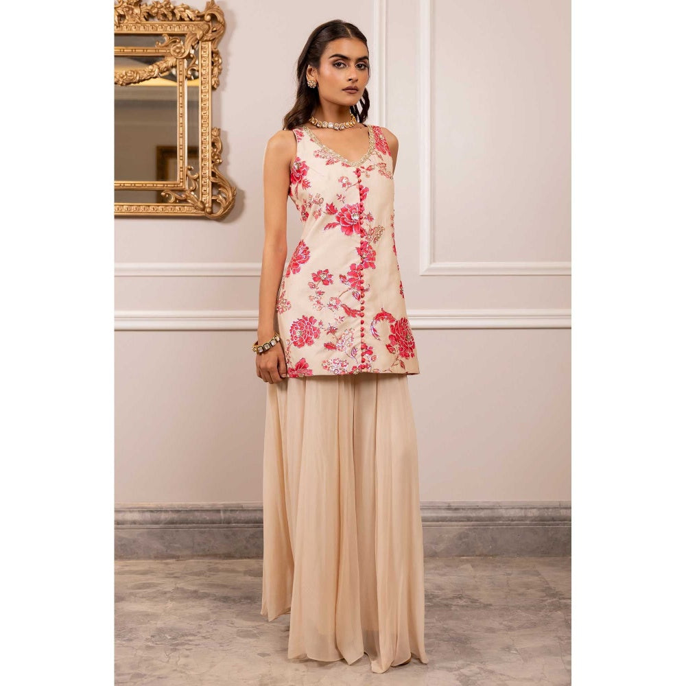 Paulmi & Harsh Women Off White Chiniya Silk V-Neck Kurta with Palazzo