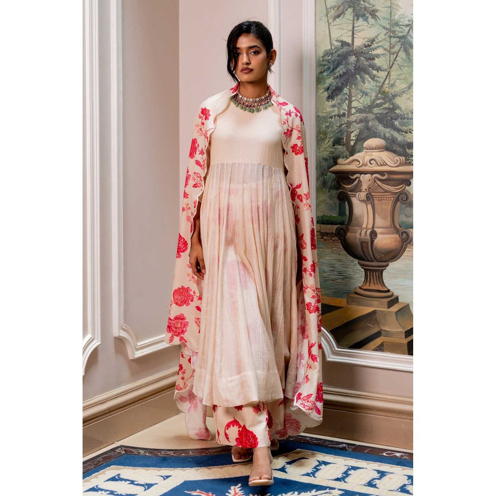 Paulmi & Harsh Women Off White Chiniya Silk Round Neck Kurta with Pant and Dupatta