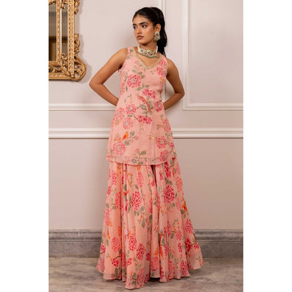 Paulmi & Harsh Women Pink Georgette V-Neck Kurta with Sharara