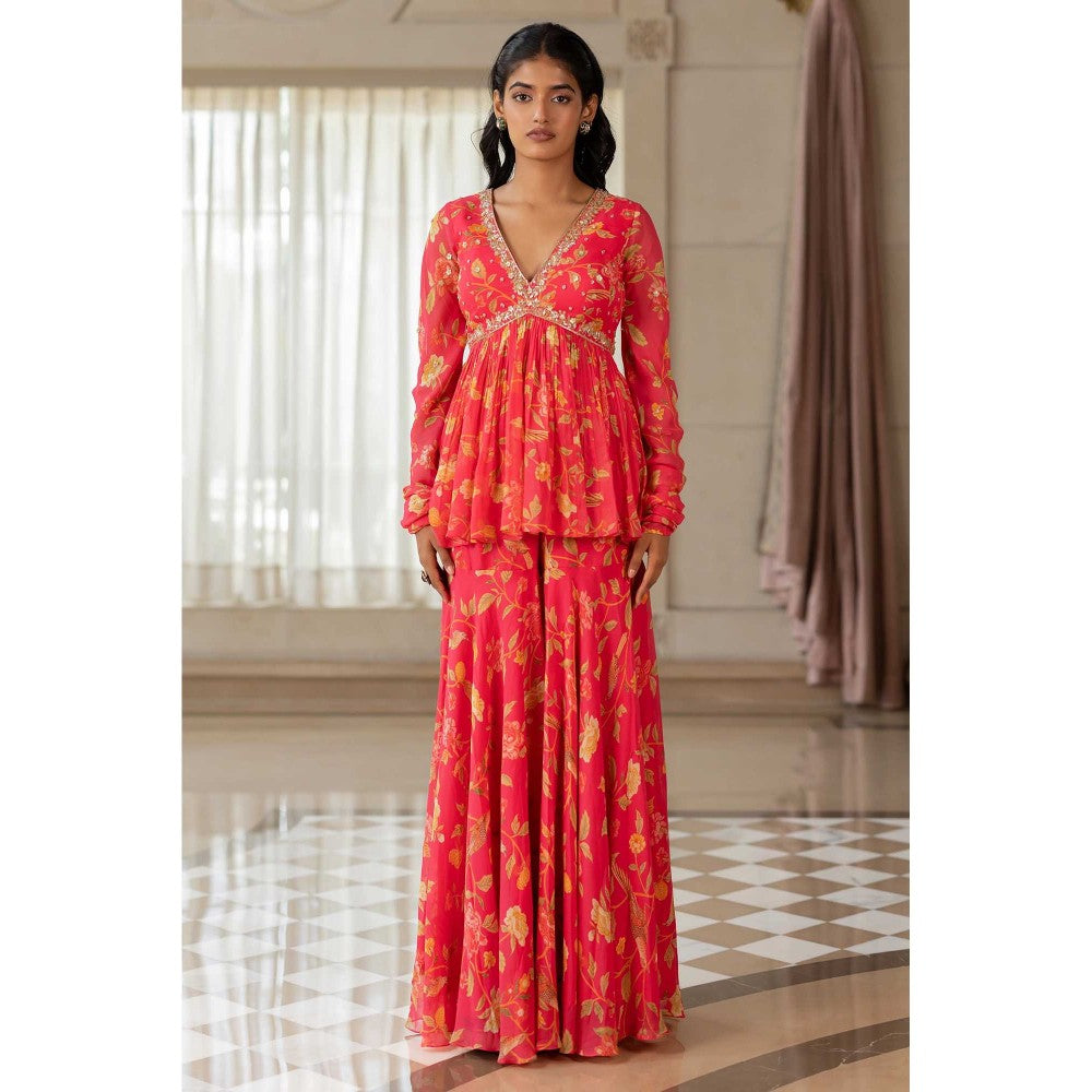 Paulmi & Harsh Women Pink Georgette V-Neck Kurta with Sharara