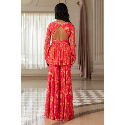 Paulmi & Harsh Women Pink Georgette V-Neck Kurta with Sharara