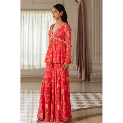 Paulmi & Harsh Women Pink Georgette V-Neck Kurta with Sharara