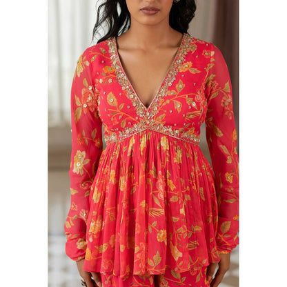 Paulmi & Harsh Women Pink Georgette V-Neck Kurta with Sharara