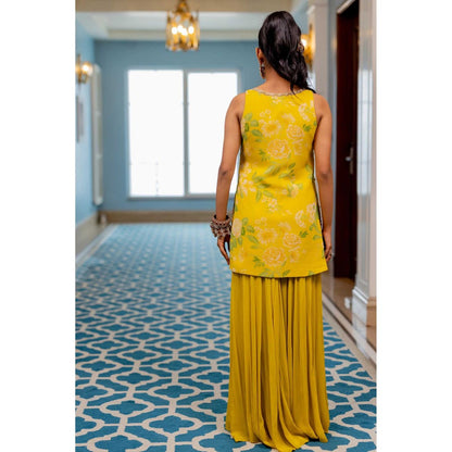 Paulmi & Harsh Women Yellow Chiniya Silk V-Neck Kurta with Palazzo