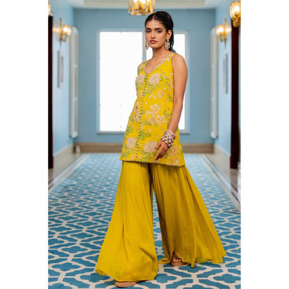 Paulmi & Harsh Women Yellow Chiniya Silk V-Neck Kurta with Palazzo
