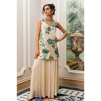 Paulmi & Harsh Women Off White Georgette Round Neck Kurta with Palazzo